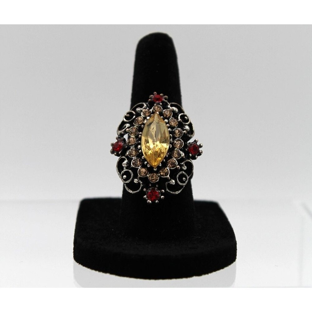 Silver Tone Fashion Filigree Ring Amber Yellow Red Rhinestone Statement Size 6